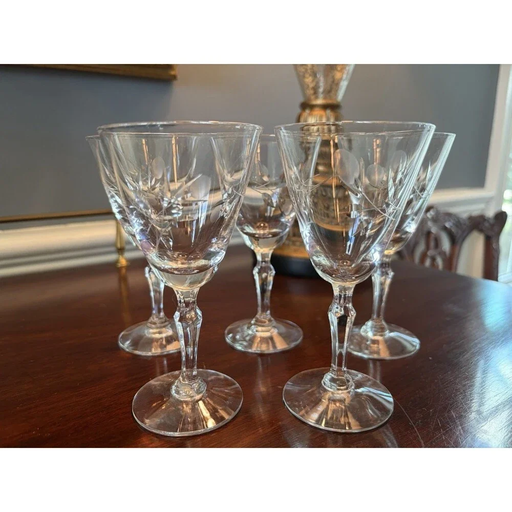 Vintage Fostoria Sweetheart Rose Etched Cordial Cocktail Glasses Set 5 Signed
